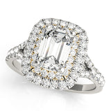 white gold double halo engagement ring with emerald cut diamond and yellow gold accent