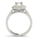 white gold double halo engagement ring with emerald cut diamond and yellow gold accent
