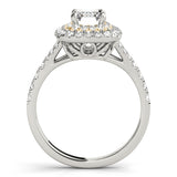 white gold double halo engagement ring with emerald cut diamond and yellow gold accent