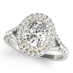 white gold and yellow gold double oval halo engagement ring 
