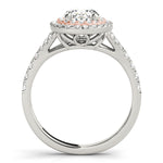 white gold and rose gold double oval halo engagement ring