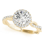 yellow gold round halo diamond engagement ring with twisted shank