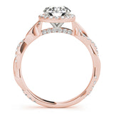 rose gold round halo diamond engagement ring with twisted shank
