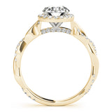 yellow gold round halo diamond engagement ring with twisted shank