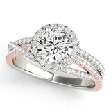 white gold and rose gold multi row halo diamond engagement ring
