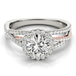 white gold and rose gold multi row halo diamond engagement ring