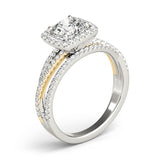 white gold and yellow gold multi row square halo engagement ring