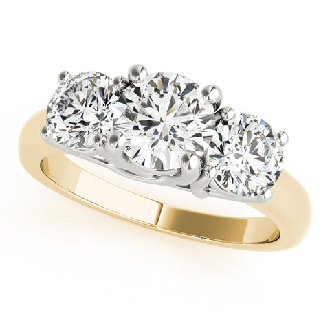 yellow gold three stone diamond engagement ring with white gold prongs