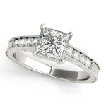 white gold vintage inspired diamond engagement ring with princess cut diamond