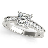 white gold vintage inspired diamond engagement ring with princess cut diamond