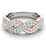 white gold and rose gold braided diamond wedding band 