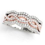 white gold and rose gold braided diamond fashion ring