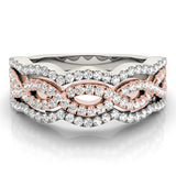 white gold and rose gold braided diamond fashion ring