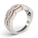 white gold and rose gold braided diamond fashion ring