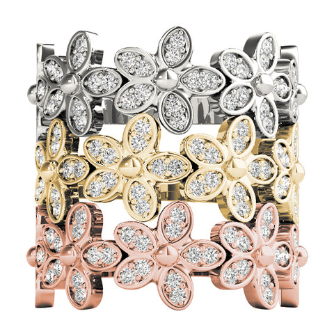 white gold yellow gold rose gold diamond flower stackable rings