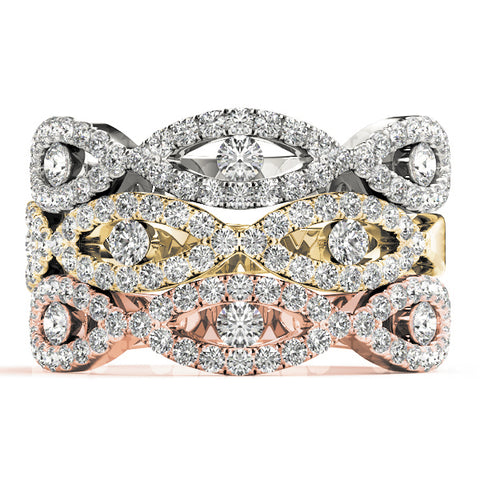 white gold yellow gold and rose gold crossover diamond stackable rings