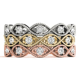 white gold yellow gold and rose gold crossover milgrain diamond stackable rings