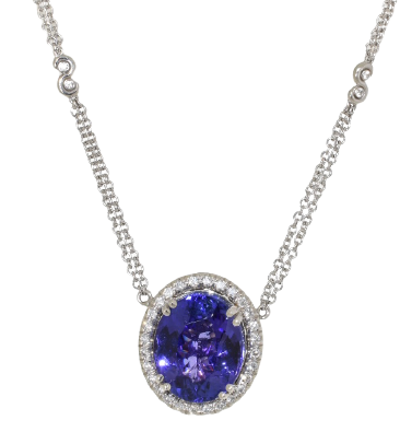 white gold tanzanite and diamond pendant