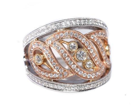 tri color vintage style diamond swirl ring with yellow gold, white gold, rose gold