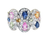 white gold fashion ring with diamonds, pink sapphires, yellow sapphires, blue sapphires, green sapphires