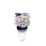 14kt white gold fashion ring with diamonds, pink sapphires, yellow sapphires, blue sapphires, green sapphires