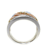 18kt tri color vintage style diamond swirl ring with yellow gold, white gold, rose gold