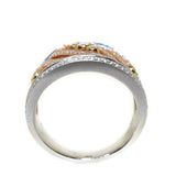 18kt tri color vintage style diamond swirl ring with yellow gold, white gold, rose gold