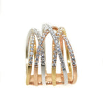 18kt tri color multi row diamond crossover ring, white gold, yellow gold, rose gold