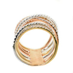 18kt tri color multi row diamond crossover ring, white gold, yellow gold, rose gold
