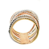 18kt tri color multi row diamond crossover ring, white gold, yellow gold, rose gold