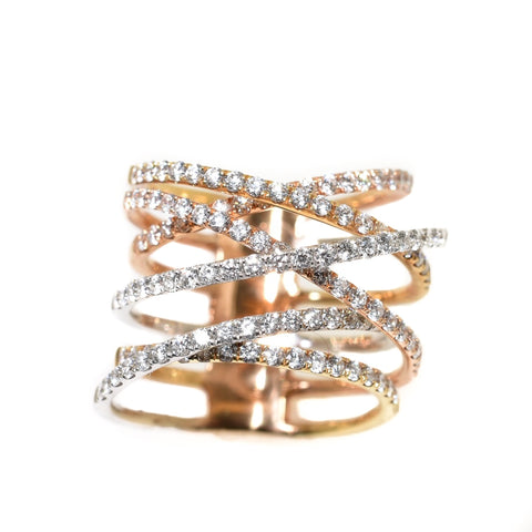 18kt tri color multi row diamond crossover ring, white gold, yellow gold, rose gold