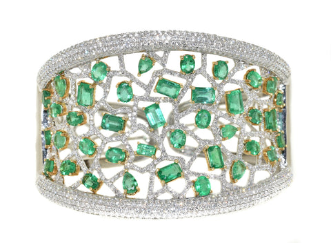 white gold and yellow gold diamond and emerald cuff bracelet