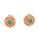 yellow gold orange enamel earrings with peridot and diamonds