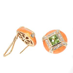 yellow gold orange enamel earrings with peridot and diamonds
