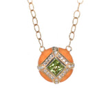 yellow gold orange enamel pendant with peridot and diamonds