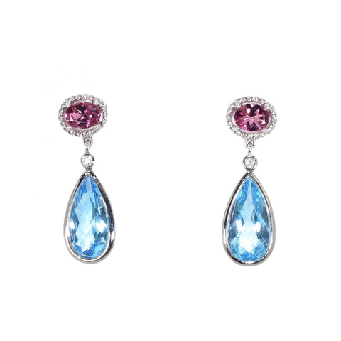 white gold pink and blue tourmaline drop earrings with diamonds
