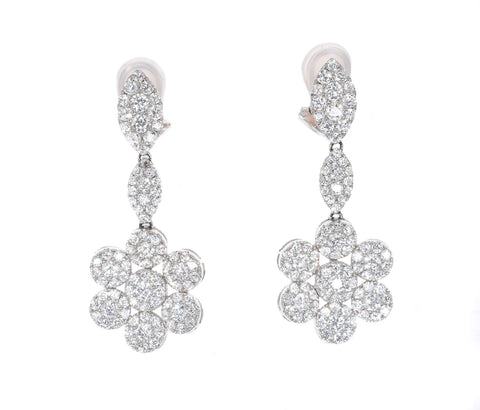 white gold diamond flower drop earrings