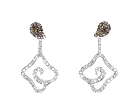 white gold fashion drop earrings with brown diamonds and white diamonds