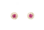 yellow gold ruby stud earrings with diamond halo