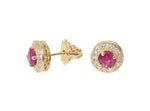 yellow gold ruby stud earrings with diamond halo