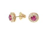 yellow gold ruby stud earrings with diamond halo