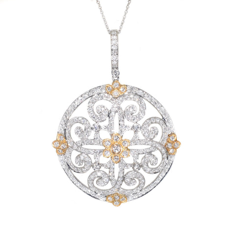white gold and yellow gold diamond floral circle pendant