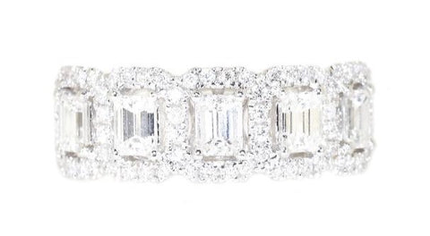 white gold emerald cut and round brilliant diamond rings