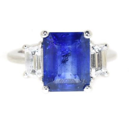 white gold blue sapphire and diamond three stone ring