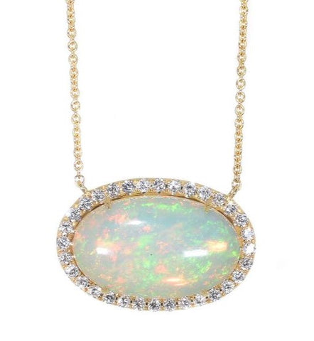 yellow gold opal and diamond horizontal oval pendant