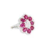 white gold ruby and diamond flower ring 