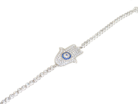 sterling silver hamsa cz bracelet with blue cz