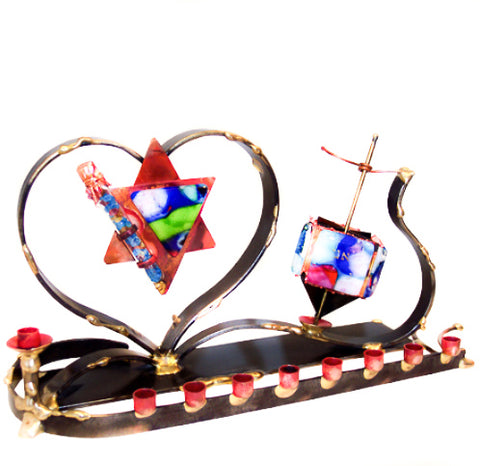 gary rosenthal colorful wedding menorah and dreidel combo