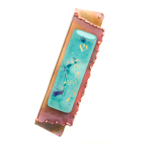 gary rosenthal copper bat mitzvah mezuzah with turquoise fused glass