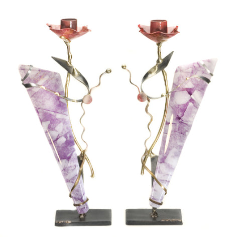 gary rosenthal purple fused glass pair of candleholders